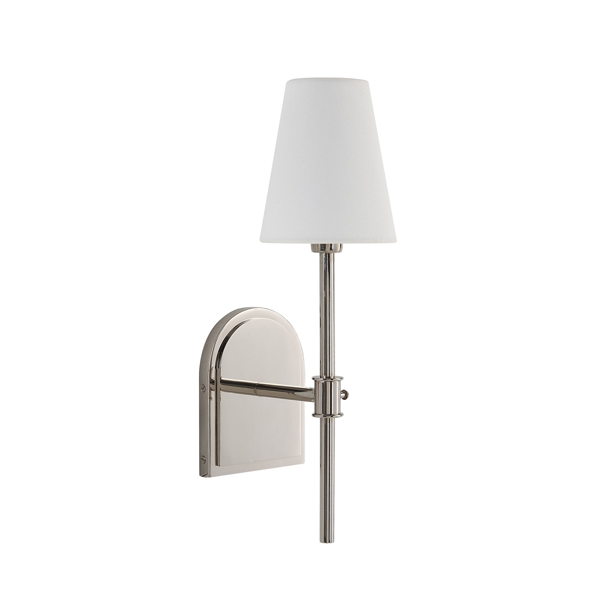 Nowra wall sconce featuring a white shade and a polished silver finish.