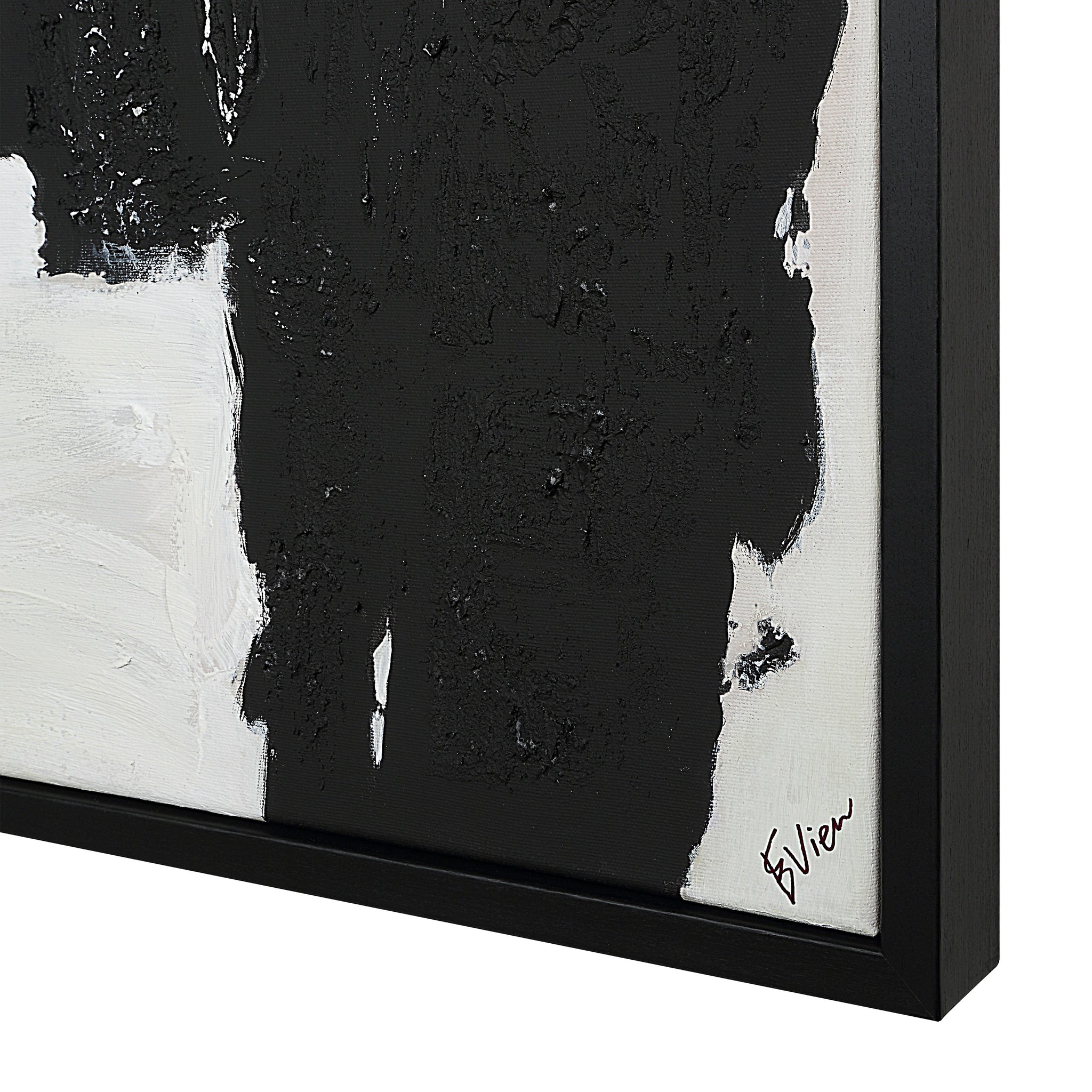 Nantes canvas art featuring abstract black and white design with textured paint, framed in black.