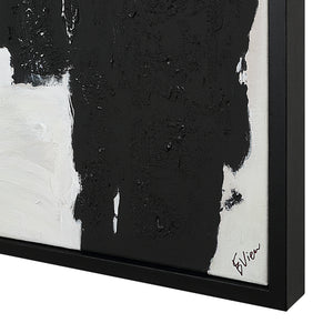 Nantes canvas art featuring abstract black and white design with textured paint, framed in black.