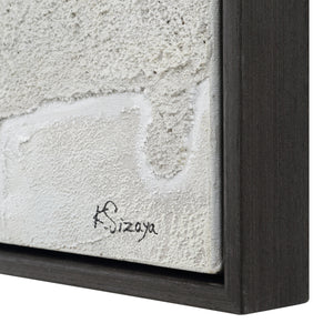 Close-up of Lacey canvas art showing textured surface and signature on the side.