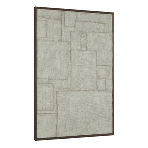 Caramelo wall art angled view, showcasing a light gray textured canvas in a dark frame.