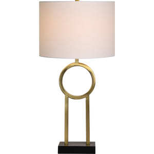 Alloro Table Lamp featuring a brass circle design and a white shade on a black base