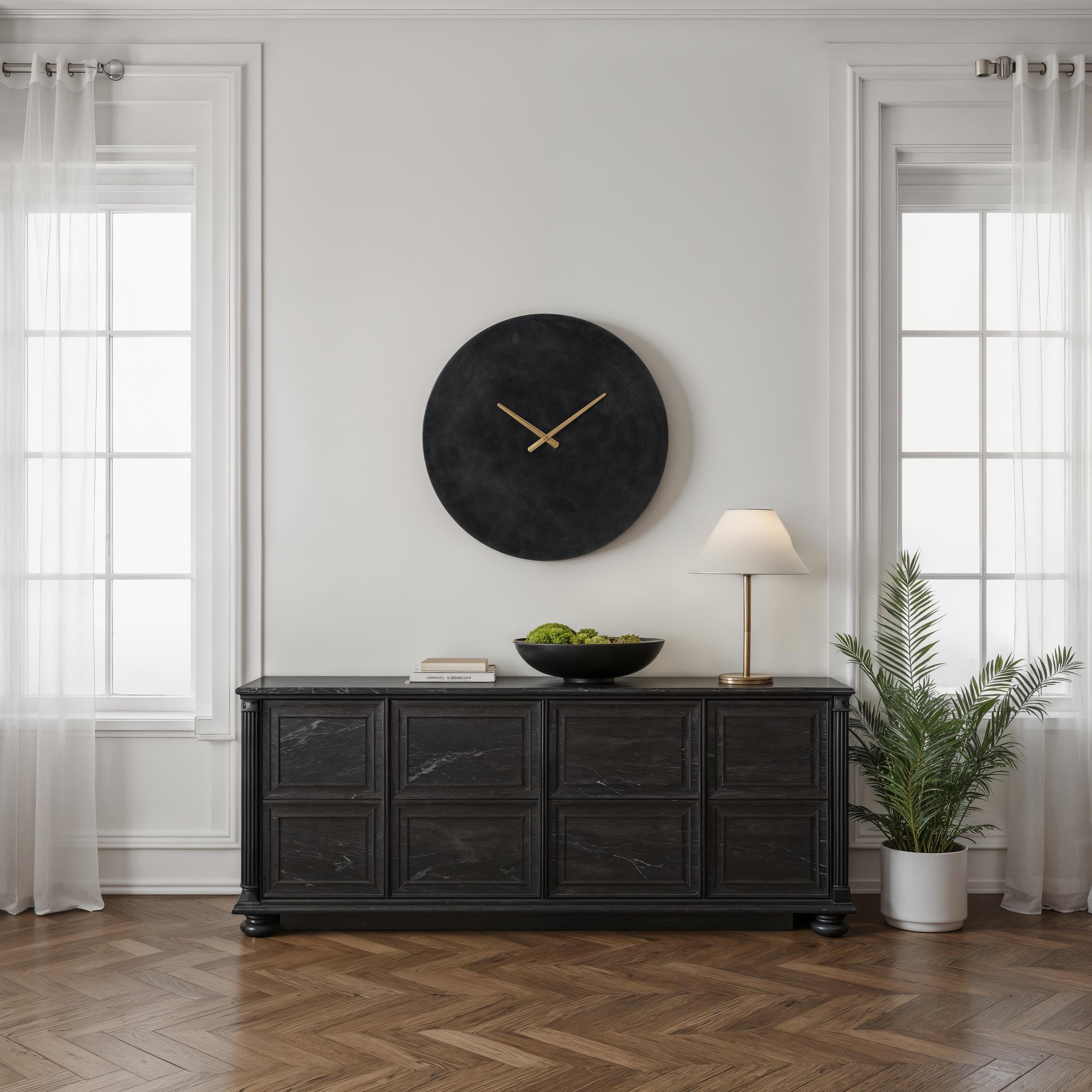 Darnay Wall Clock mounted on a wall above a dark cabinet, styled with decor.