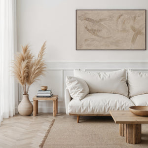 Trofa Canvas Art by Renwil featuring abstract beige texture above a cozy white sofa