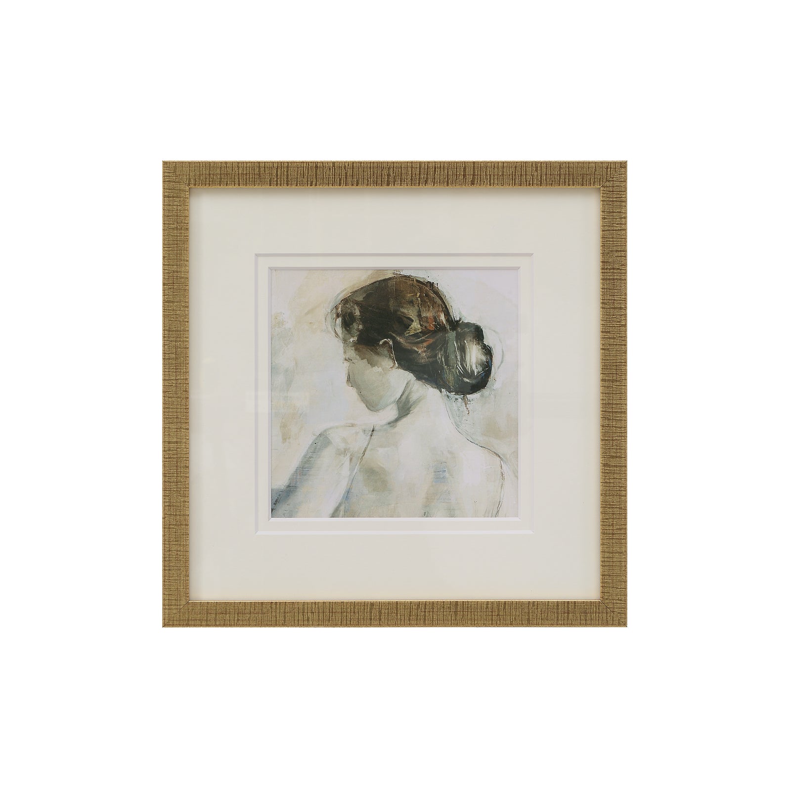 Penelope printed art featuring a woman's profile in soft colors, framed in a textured gold frame.
