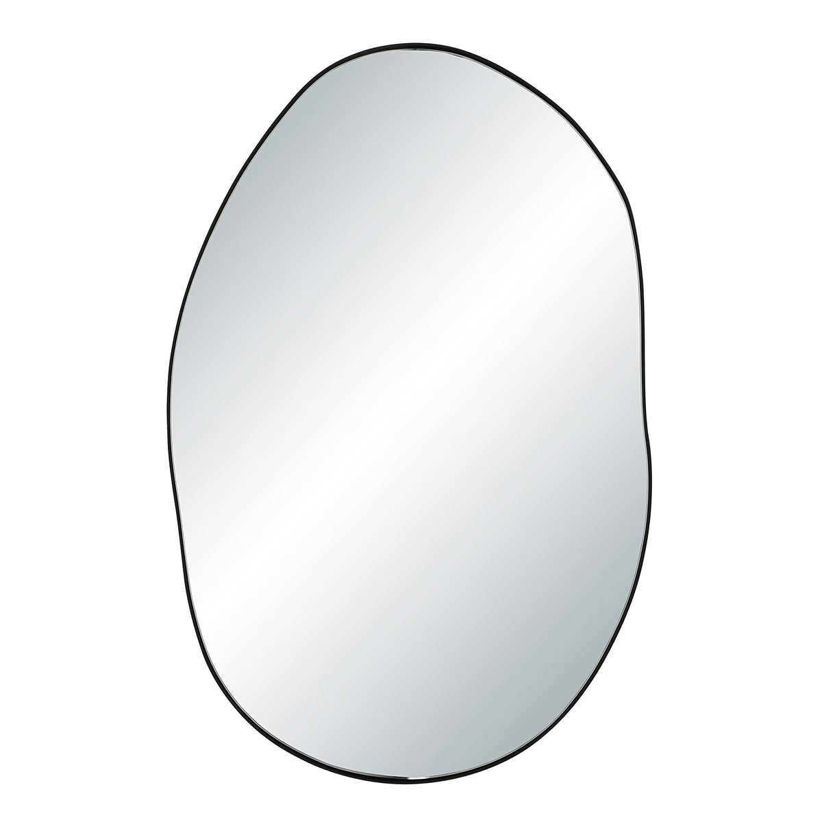 Messini mirror with an organic shape and black frame, reflecting light.
