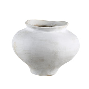 Ella vase by Renwil, white ceramic with a curvy silhouette and a slightly irregular rim.