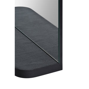 Lucila Wall Mirror featuring a sleek black wooden base with a curved edge and a glass panel.