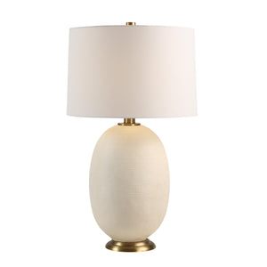 Cartagena Table Lamp featuring a smooth off-white ceramic body and a white drum shade