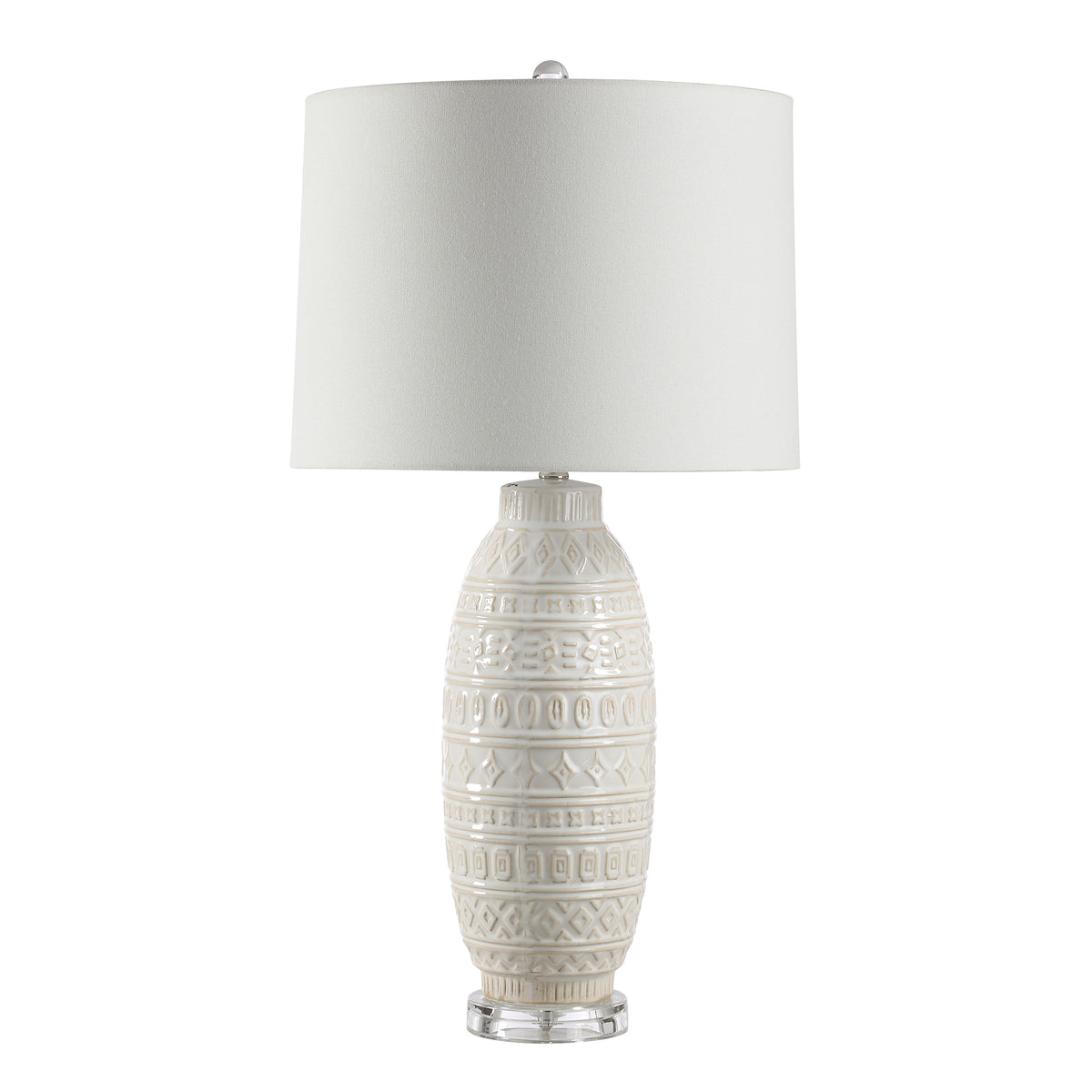 Sereno Table Lamp with textured white ceramic base and white fabric shade.