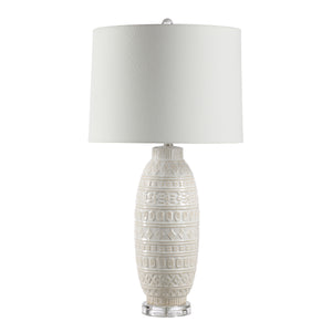 Sereno Table Lamp with textured white ceramic base and white fabric shade.