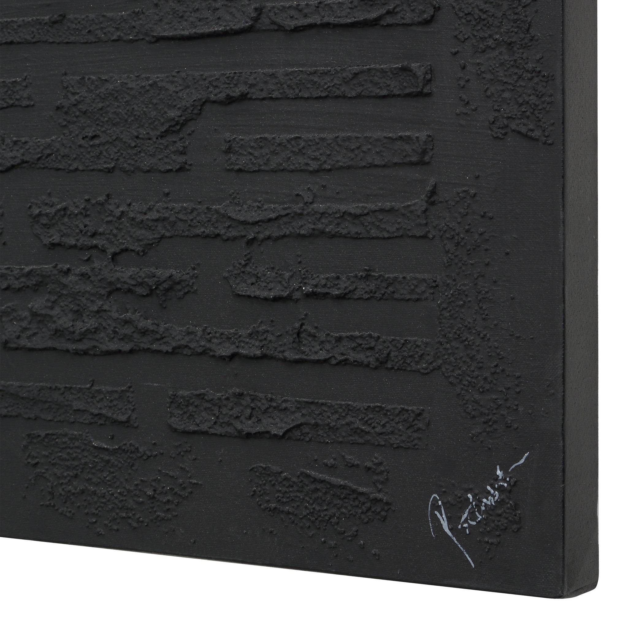 Kinetic black canvas art featuring textured horizontal lines and abstract patterns with a matte finish.