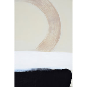 Telesto Canvas Art highlighting a beige background with a circular shape and black brushstrokes.