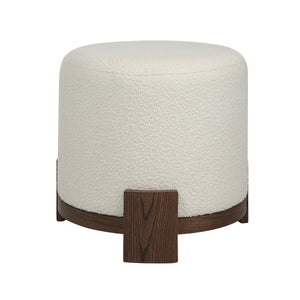 Chaves Ottoman by Renwil, cream fabric upholstery with dark wood accents, side view