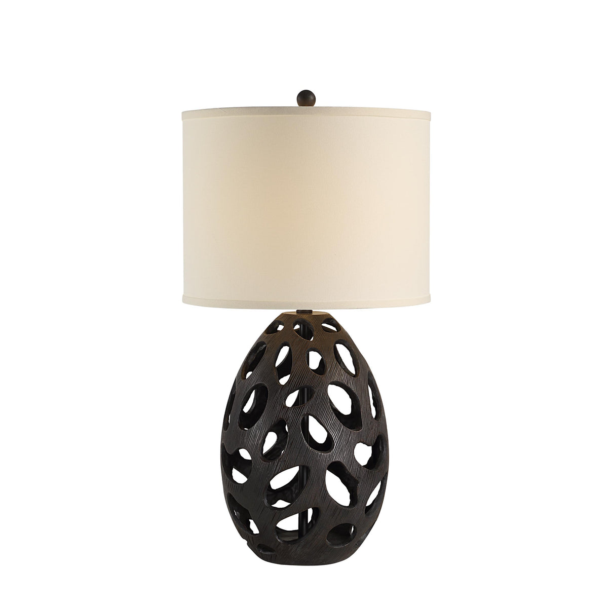 Loxley Table Lamp with a textured black base and white drum shade, showcasing a modern design.