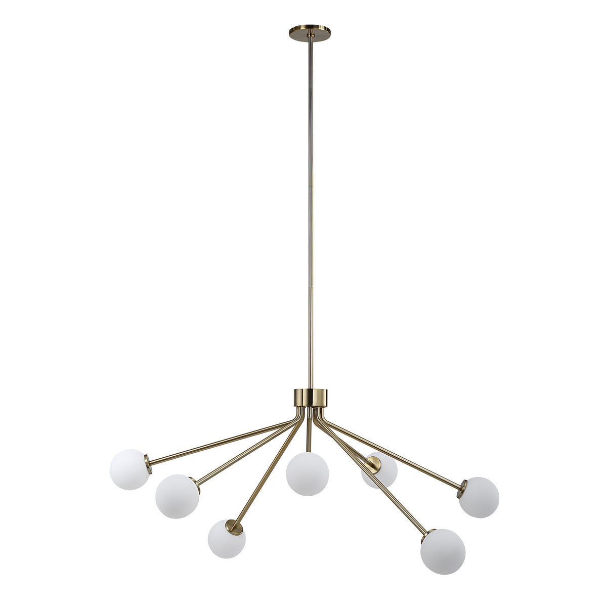 Mundo Ceiling Fixture with seven white globes on gold arms, modern design, hanging from a ceiling.