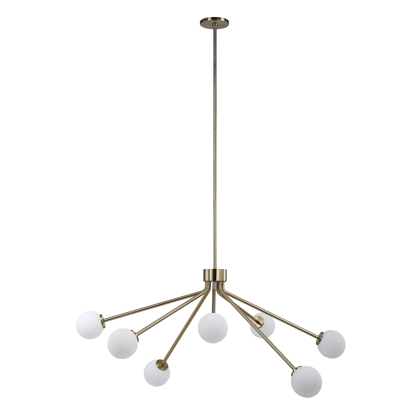 Mundo Ceiling Fixture with seven white globes on gold arms, modern design, hanging from a ceiling.