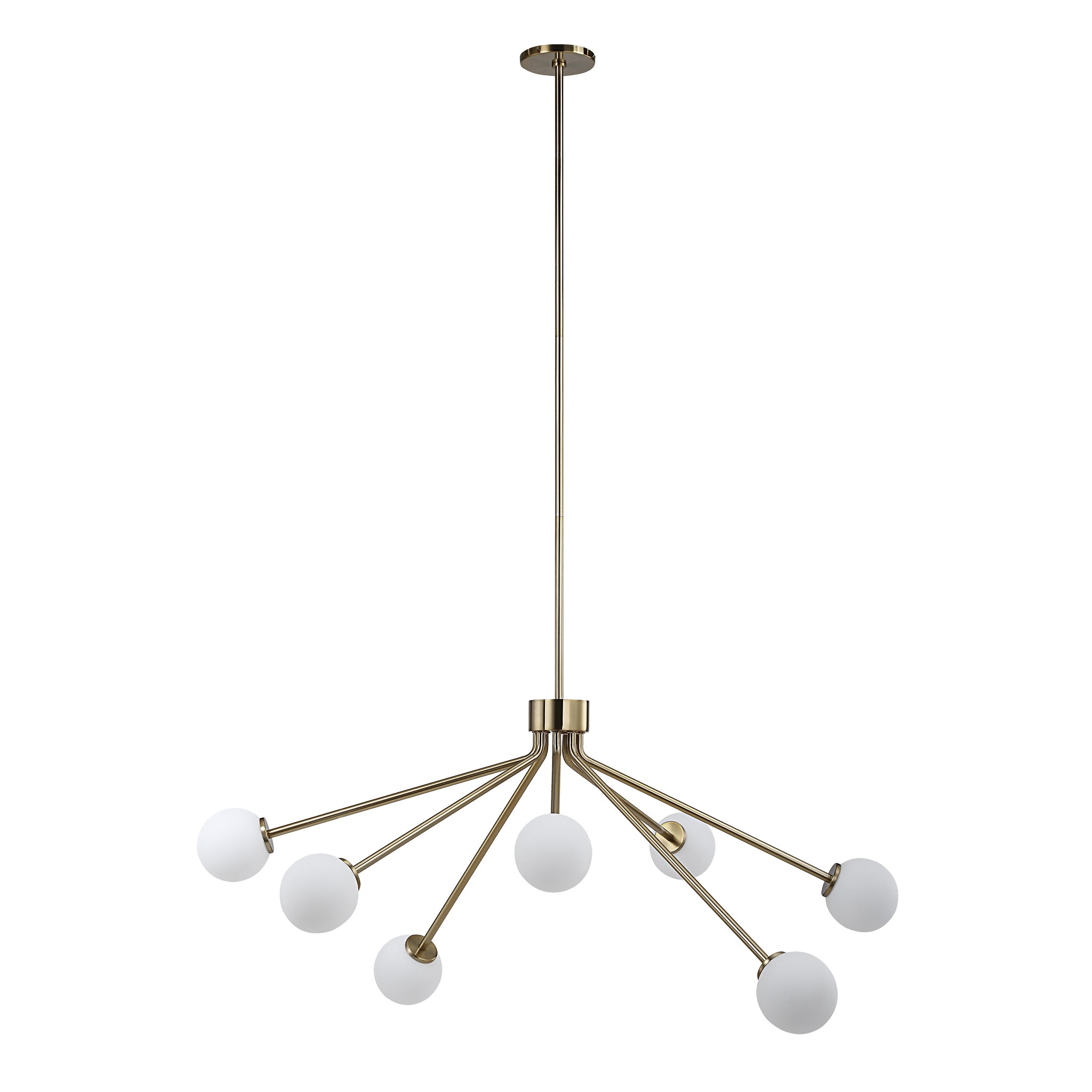 Mundo Ceiling Fixture with seven white globes on gold arms, modern design, hanging from a ceiling.