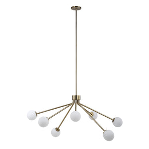 Mundo Ceiling Fixture with seven white globes on gold arms, modern design, hanging from a ceiling.