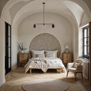 Saskia ceiling light fixture in a modern bedroom with a stone accent wall and wooden furniture.