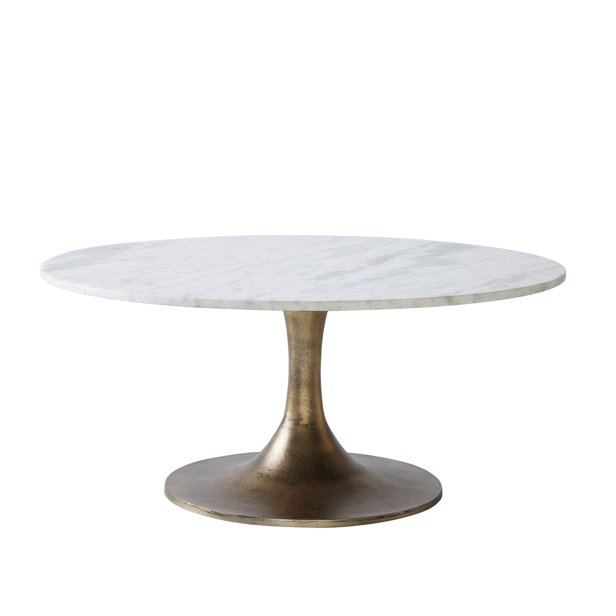 Lovisa Table with a round white marble top and a bronze base, viewed from the side.