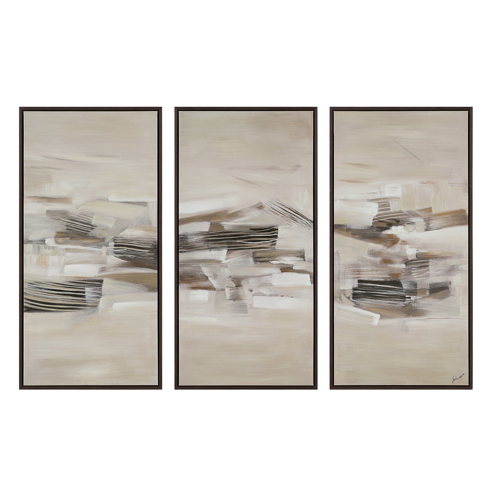 Lux canvas art featuring abstract beige and gray patterns in three panels