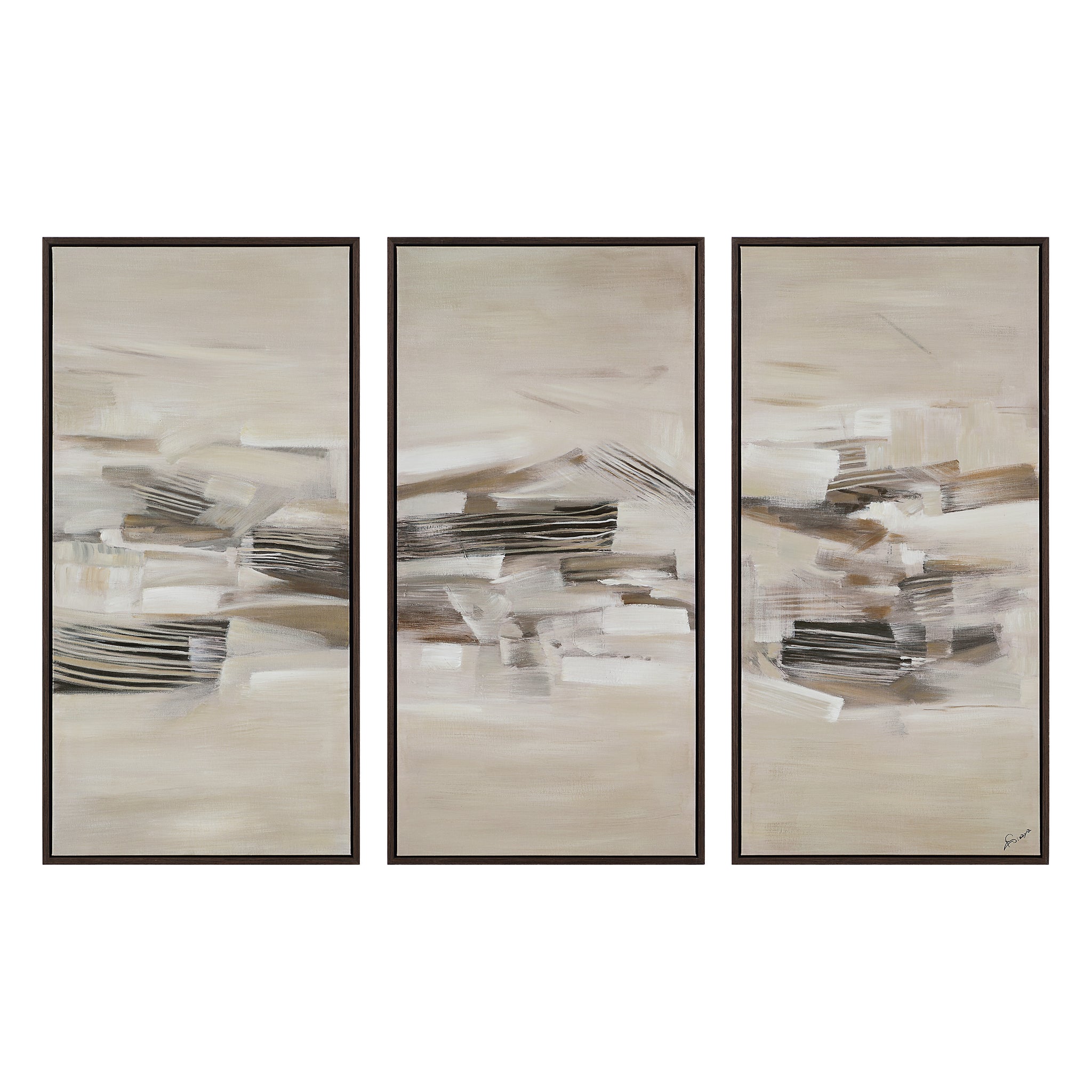 Lux canvas art featuring abstract beige and gray patterns in three panels