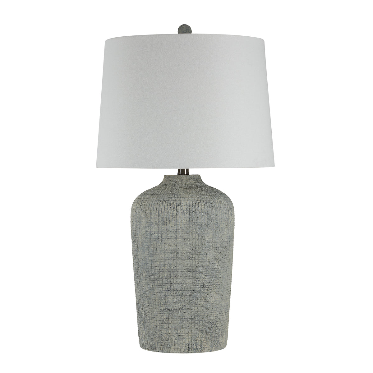 Aurelle table lamp with a textured gray ceramic base and a white fabric shade.