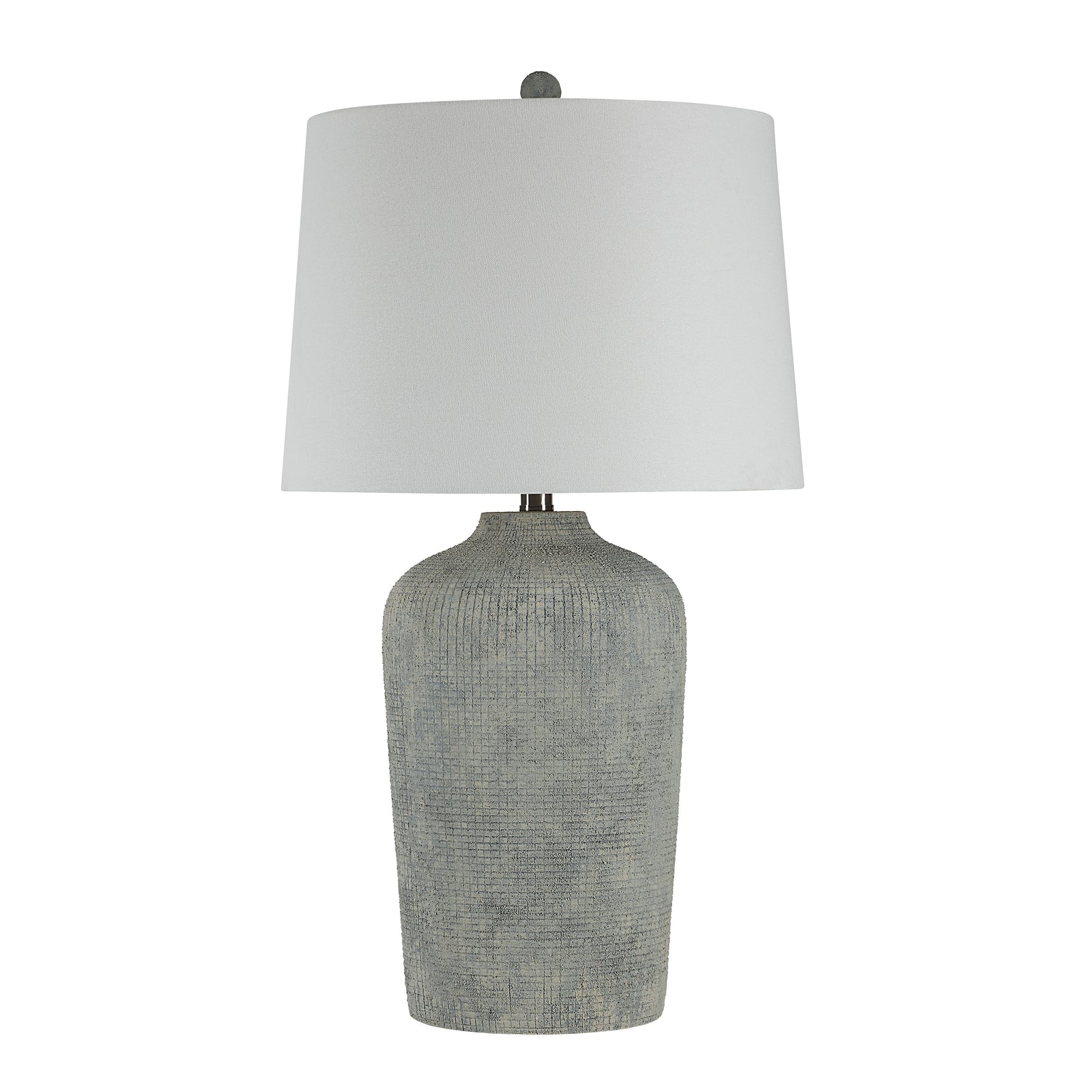 Aurelle table lamp with a textured gray ceramic base and a white fabric shade.