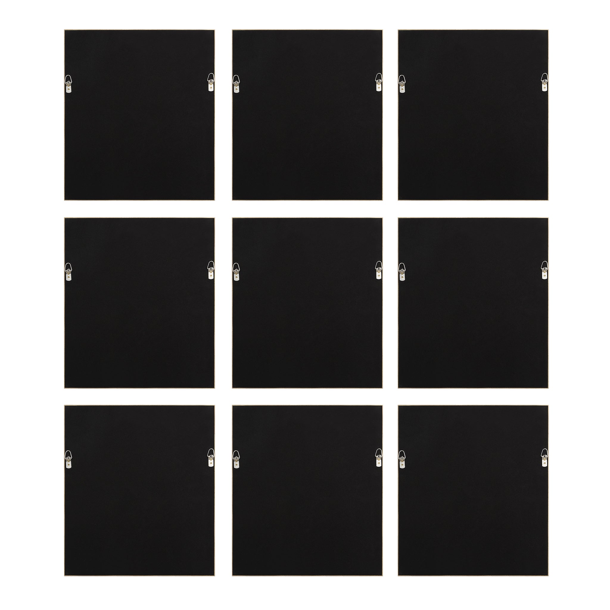 Crema canvas art featuring a grid of nine black panels, each with a hanging hook.