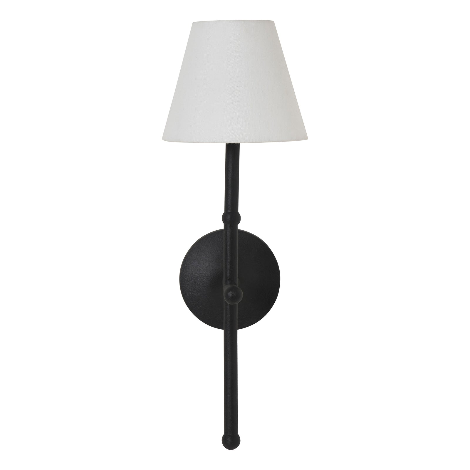 Kurosu wall sconce with a black metal base and a white fabric shade
