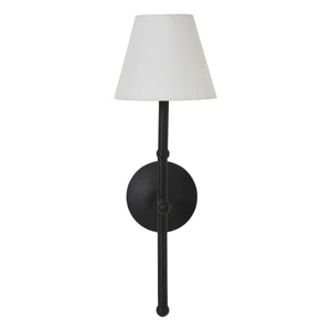 Kurosu wall sconce featuring a black metal arm and a white tapered shade