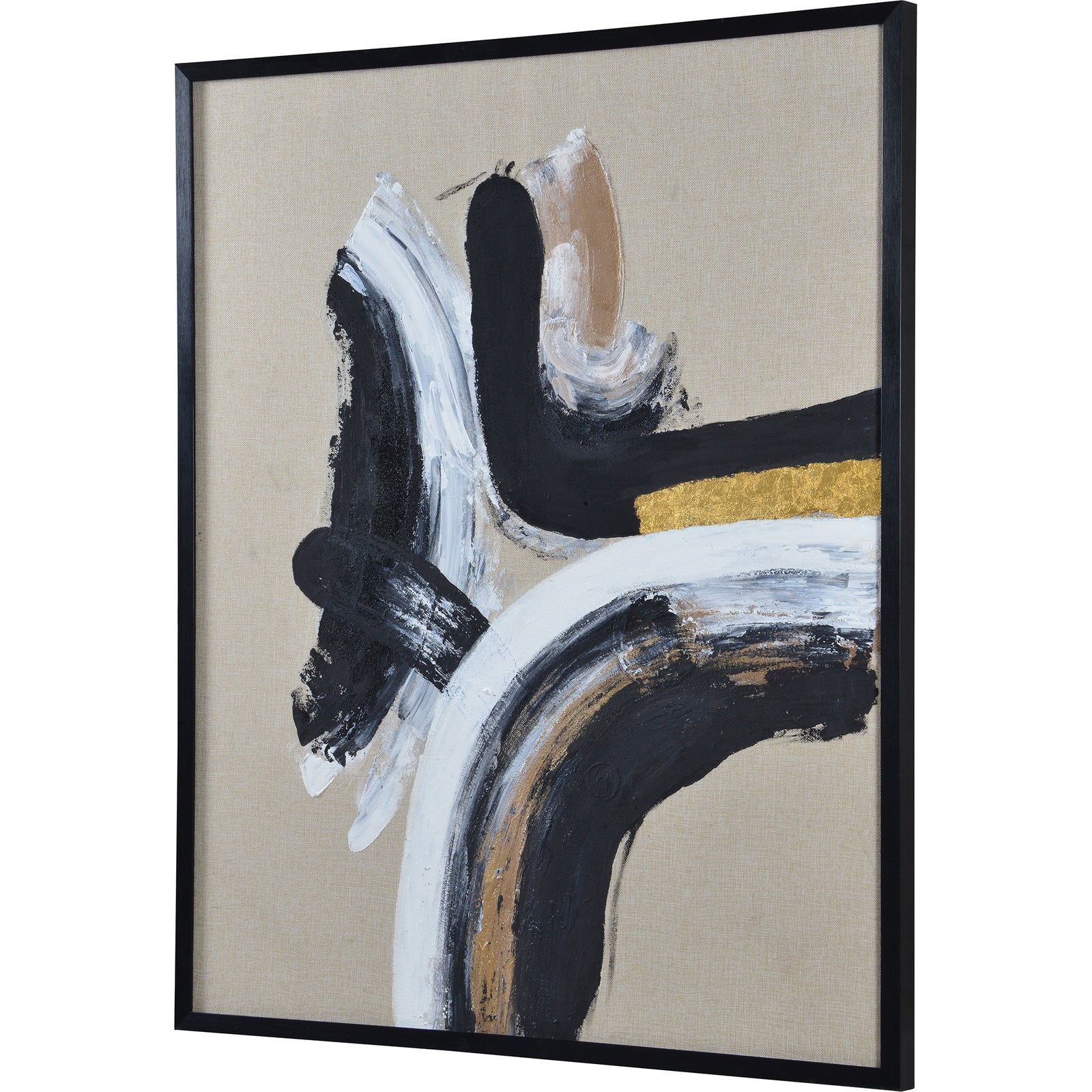 Ilya Canvas Art featuring abstract black, white, and gold strokes on beige canvas.