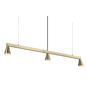 Linea Ceiling Fixture in gold with three lights, suspended by black wires