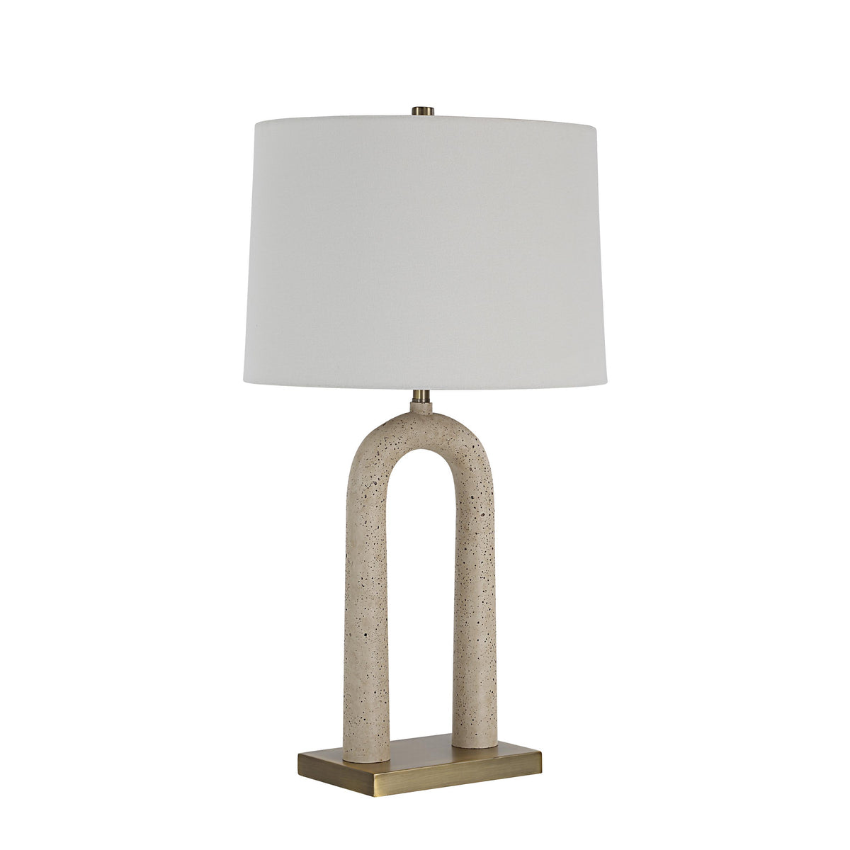 Primula table lamp with a beige textured base and white fabric shade