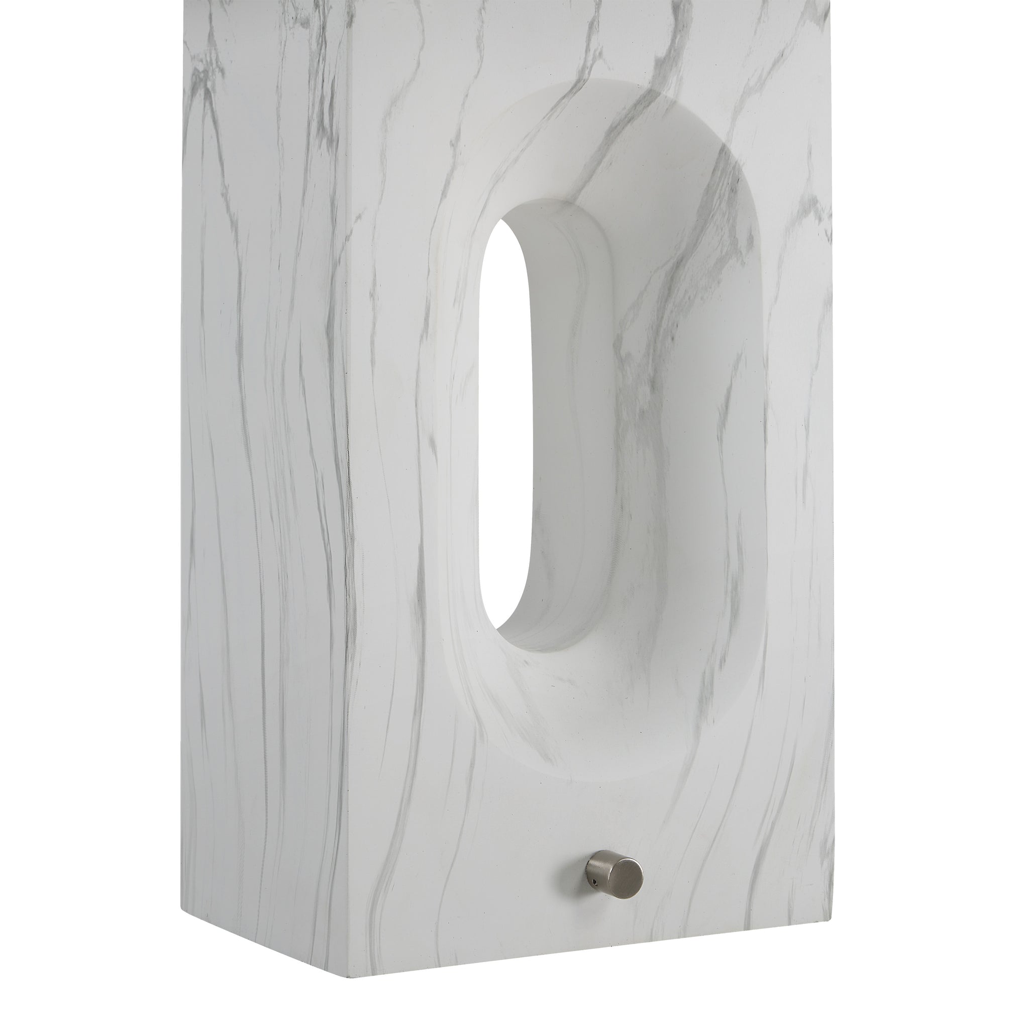 Close-up of Scriba table lamp's white marble base with an oval cutout and a metal switch.