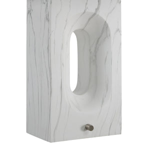 Close-up of Scriba table lamp's white marble base with an oval cutout and a metal switch.