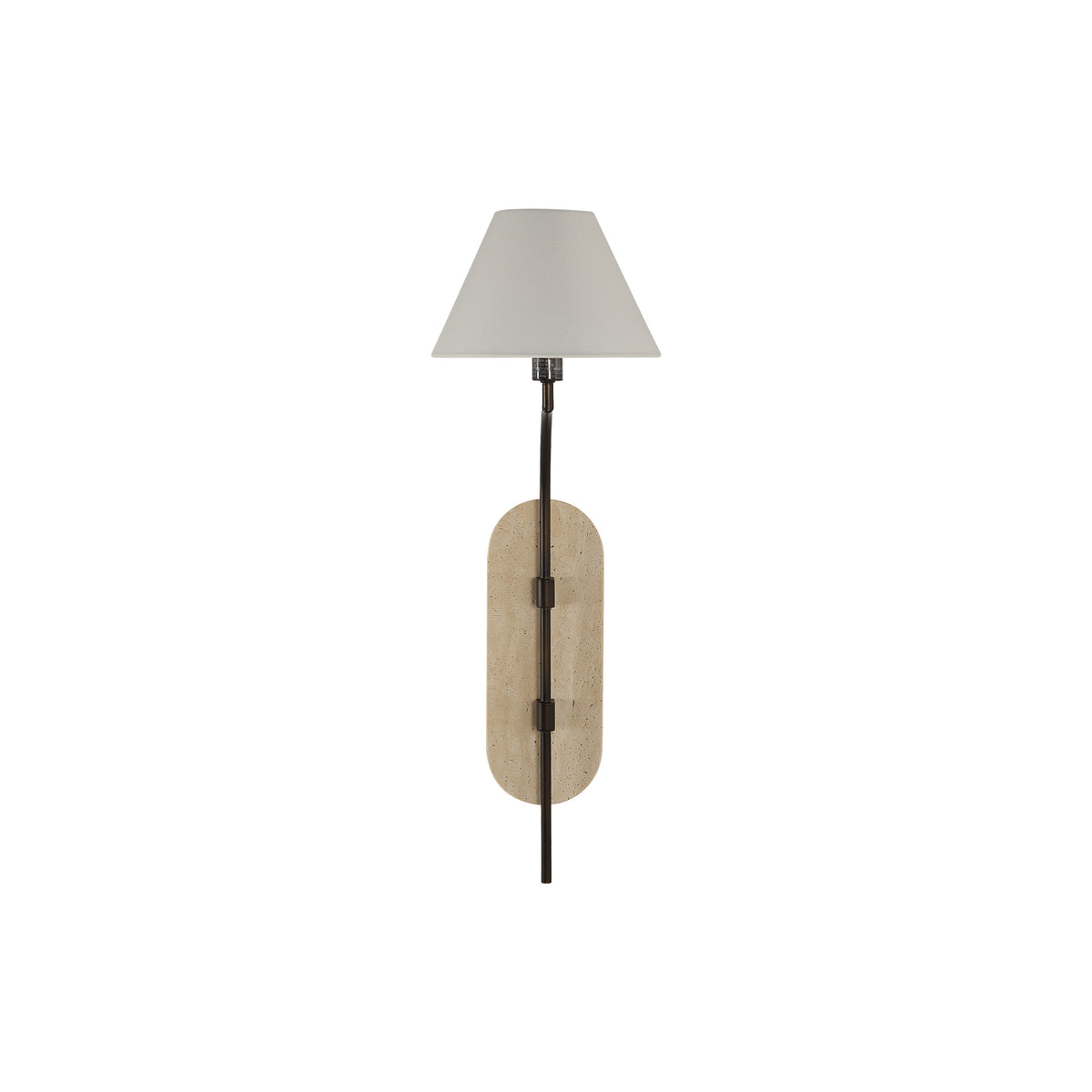 Acca Wall Sconce with a beige stone backplate and a white fabric shade