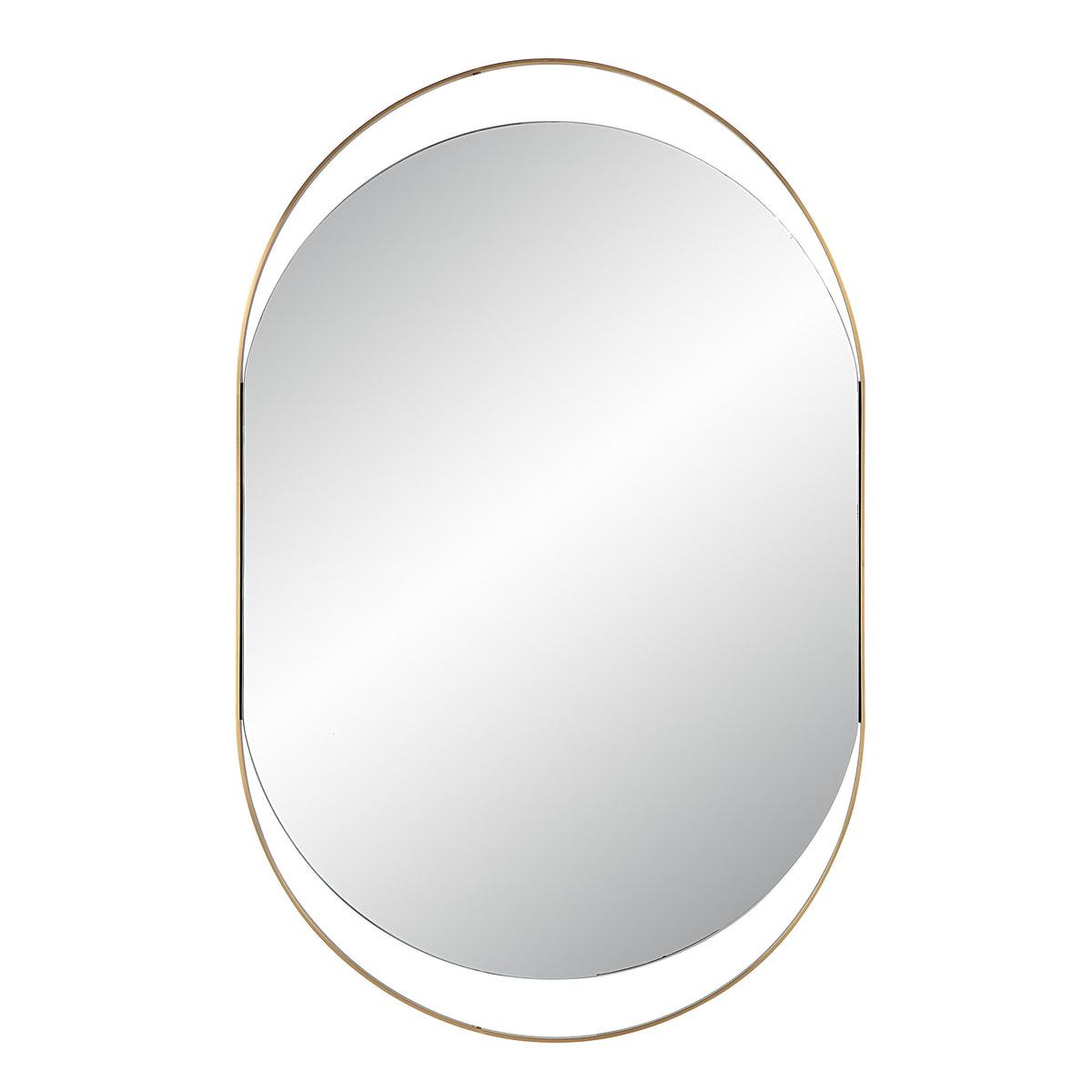 Ecru Wall Mirror with a sleek oval shape and gold metal frame, reflecting light.