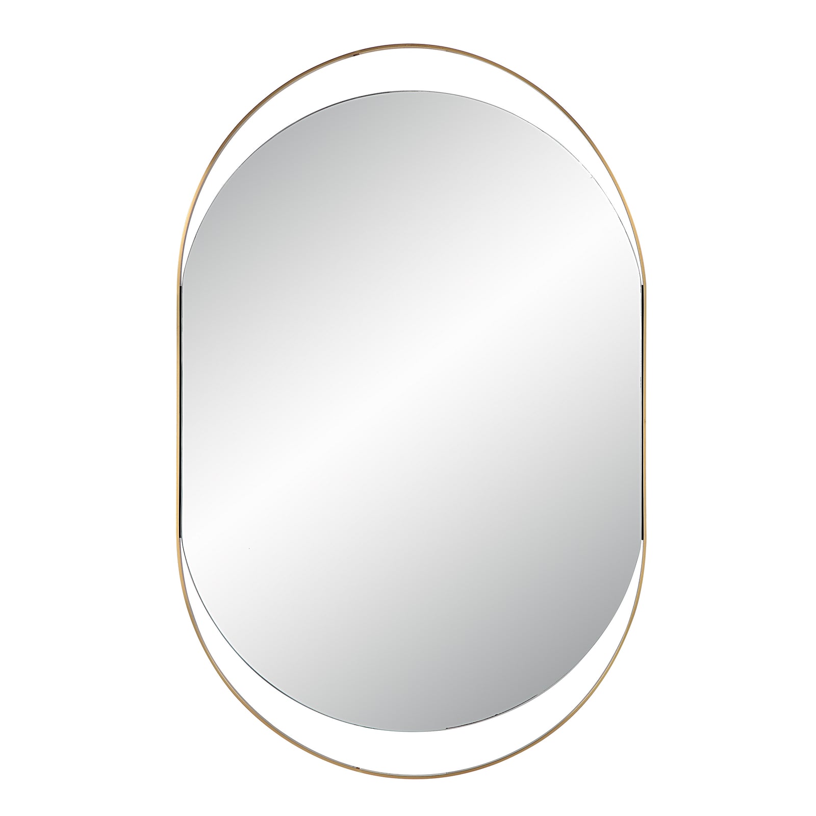 Ecru Wall Mirror with a sleek oval shape and gold metal frame, reflecting light.