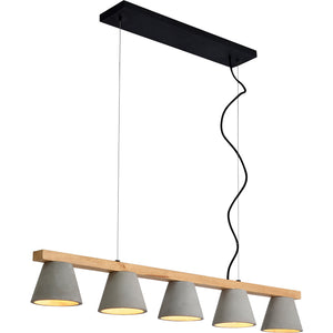 Zain Ceiling Fixture with five gray concrete shades and a wooden beam, featuring a wavy black wire design.
