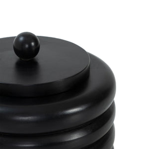 Close-up of Cipher bookends by Renwil, black stacked design featuring a round top knob.
