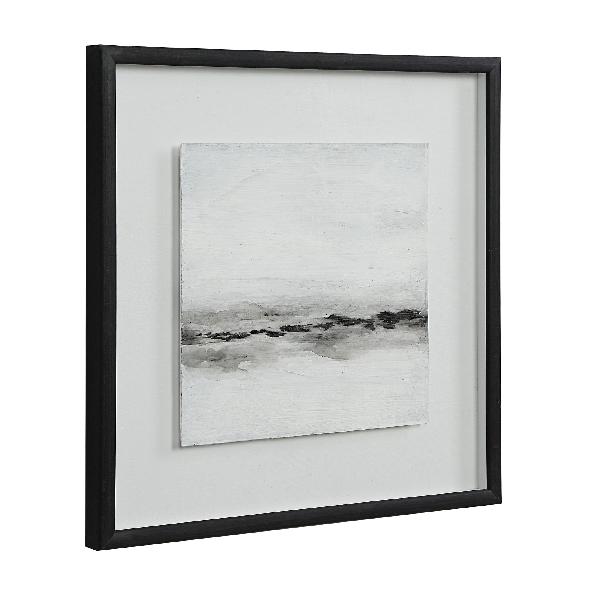Tangelo wall art showcasing a gray and black abstract design, angled view with black frame