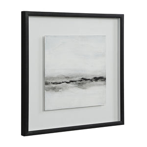 Tangelo wall art showcasing a gray and black abstract design, angled view with black frame
