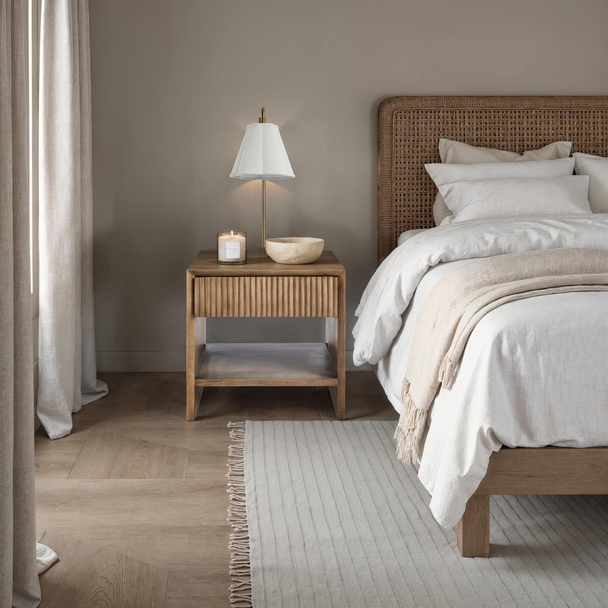 Jaime side table in a bedroom setting with a lamp and decorative bowl, highlighting a modern aesthetic.