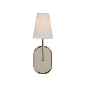 Annona wall sconce with a white fabric shade and polished chrome base, featuring a sleek, modern design.