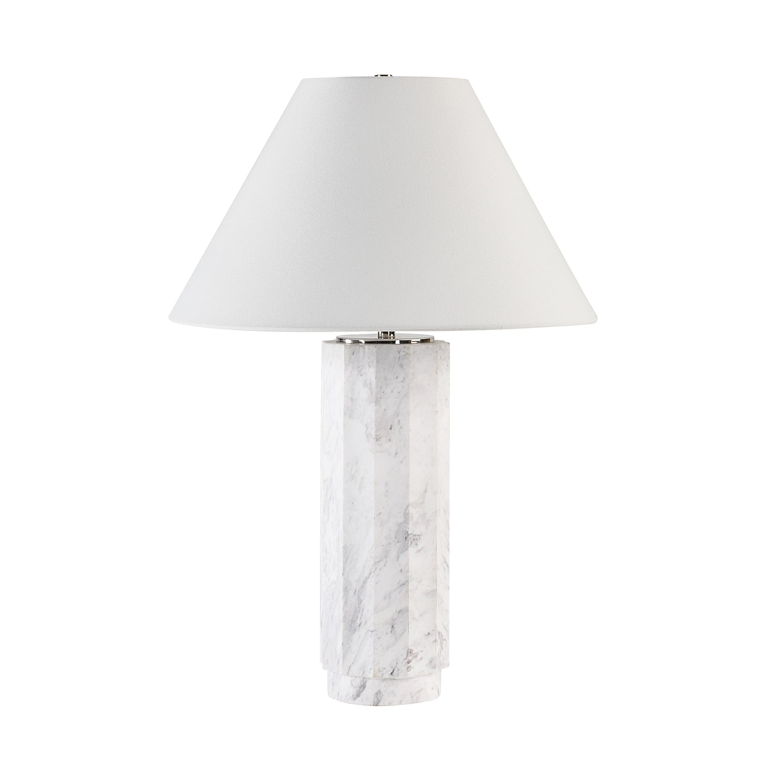 Veda table lamp with a white fabric shade and a marble base in a modern design.
