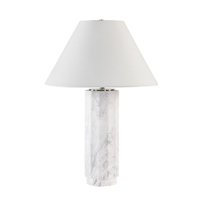 Veda table lamp with a white fabric shade and a marble base in a modern design.