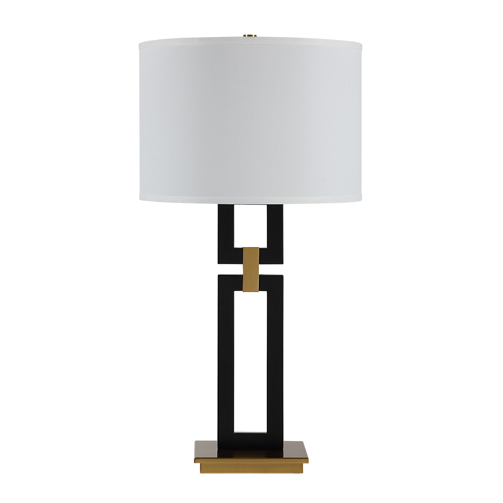Lila Table Lamp with a white drum shade, black geometric base, and gold accents.