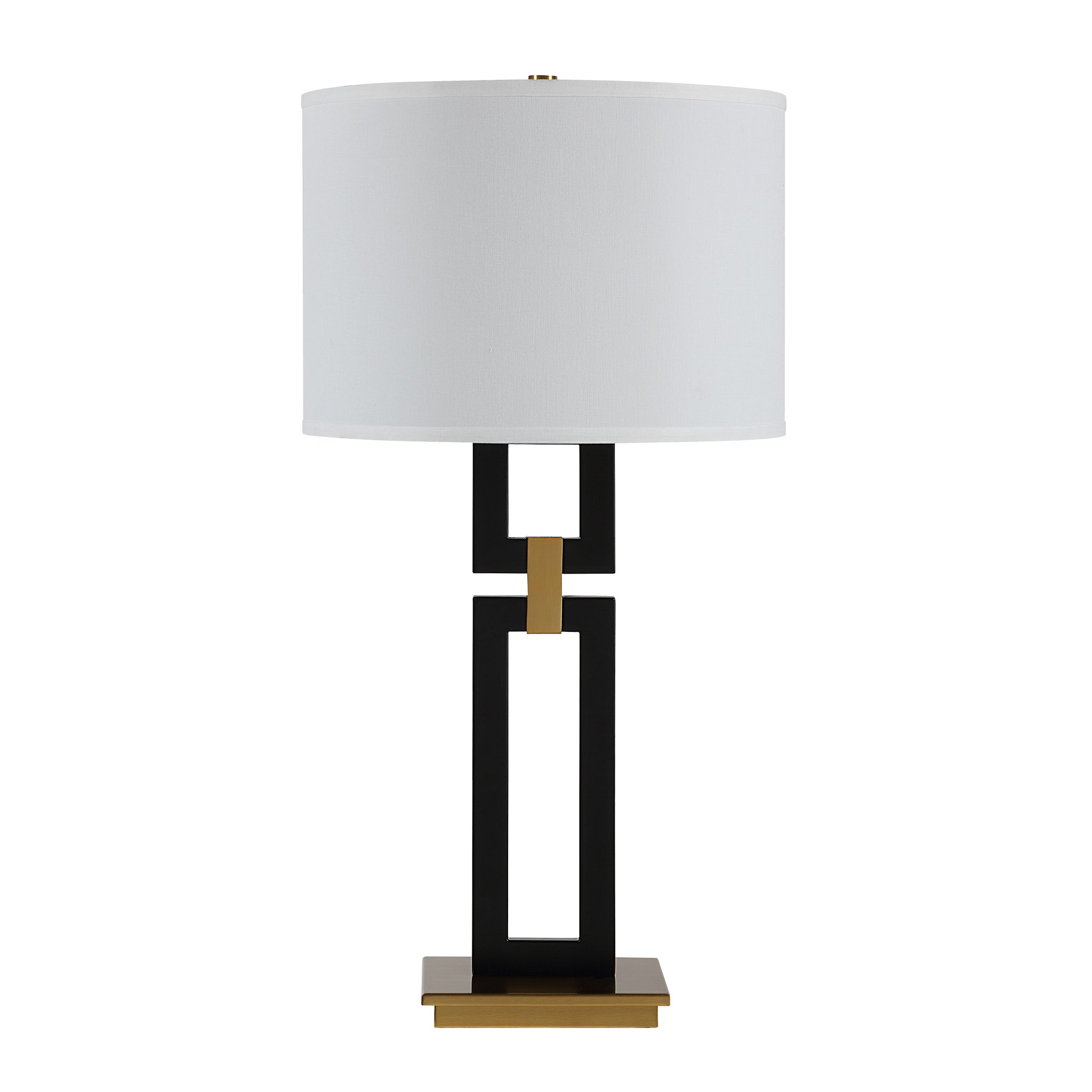 Lila Table Lamp with a white drum shade, black geometric base, and gold accents.